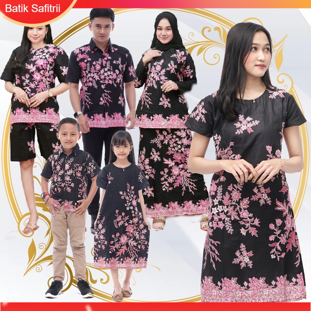 Couple Keluarga - Batik Keluarga - Ibu Bapak Anak - Motif Bunga Sakura Pink - Dress Tunik Blus Hem K