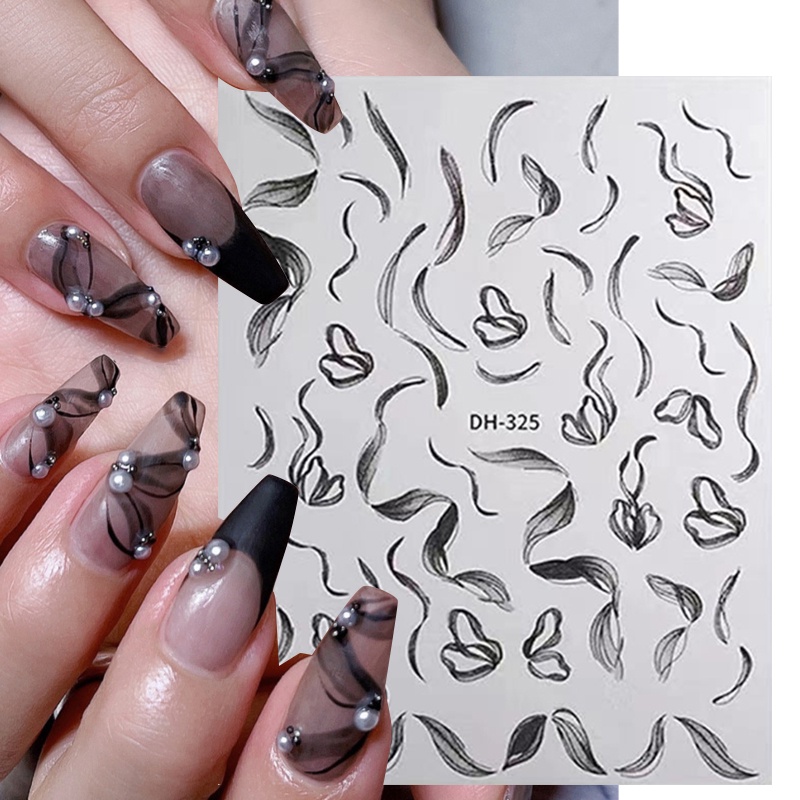1 Lembar Stiker Kuku 3D Desain Pita Warna Hitam Putih Untuk Dekorasi Nail Art