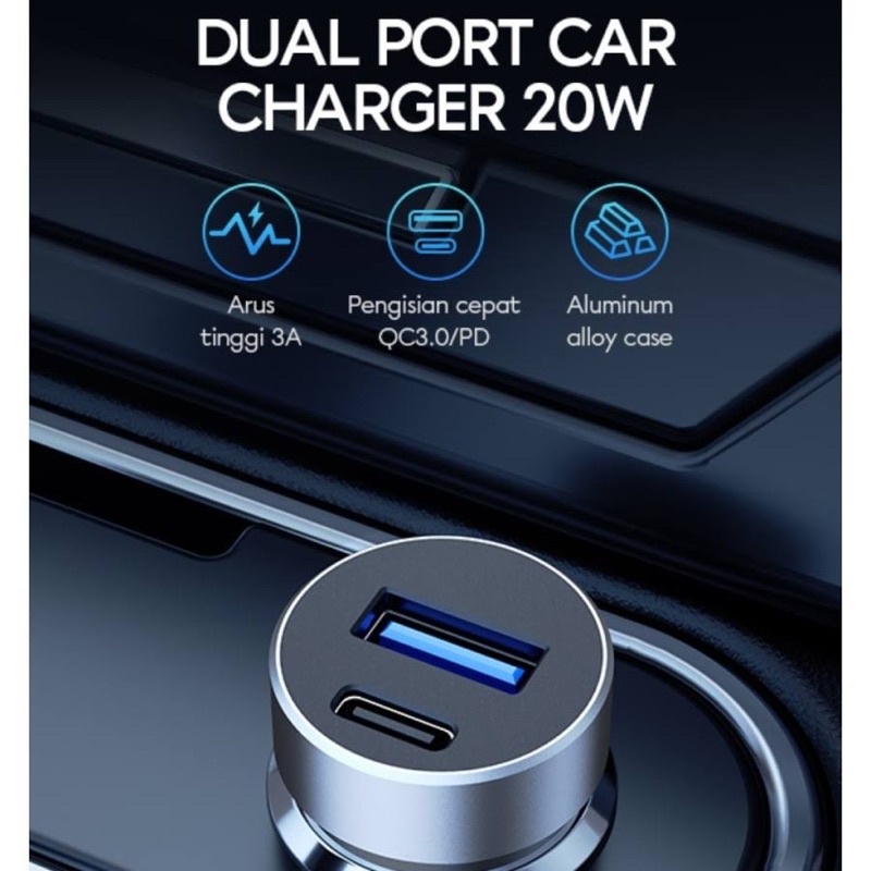 (VIVAN C02) Car Charger Mobil 2 Ports USB-A USB C 20W 3A QC3.0 PD Fast Charging