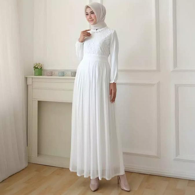 Dress-Muslim- Busana Muslim Gamis Abaya Syari Wanita Muslimah Baju Jubah Murah - Putih -Gamis-