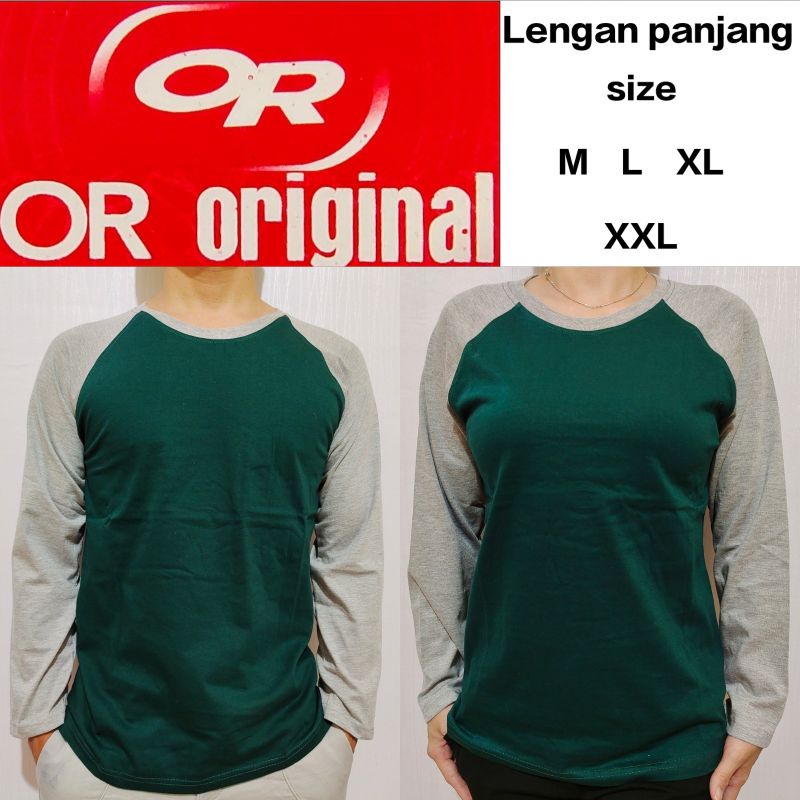 Kaos raglan polos pria wanita couple hijau botol lengan abu Misty panjang
