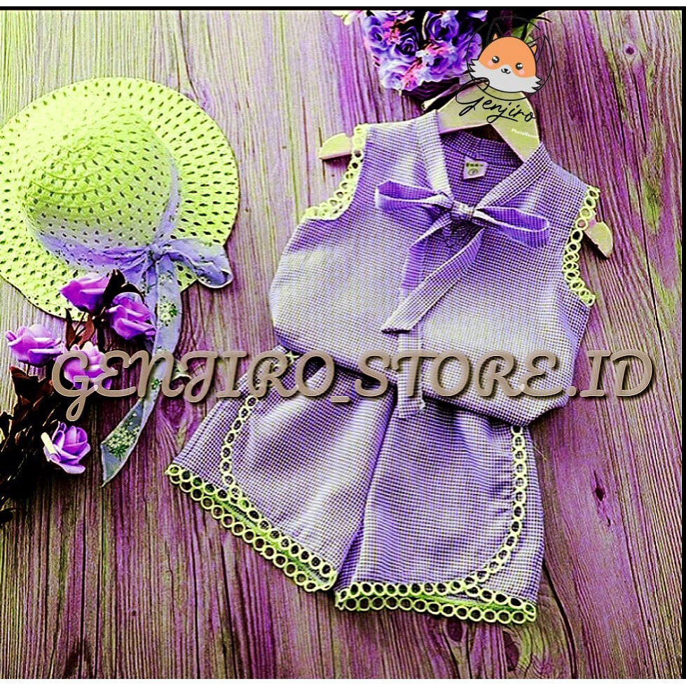 SETELAN ANAK PEREMPUAN/ BAJU SINGLET/CELANA PENDEK/MOTIF BAHAN KOTAK POLYSTER/APLIKASI RENDA/UNTUK UMUR 6 BULAN - 4 TAHUN/BISA COD