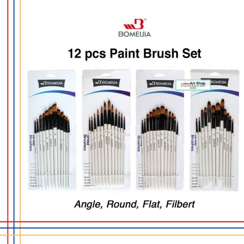 Kuas BOMEIJIA Artist Short Handle Brush ROUND, FLAT, ANGLE, FILBERT 12pcs