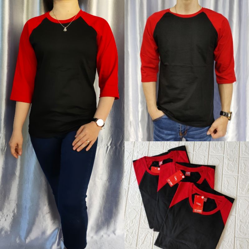 kaos reglan polos pria/wanita lengan 3/4 HITAM-MERAH uk m l xl xxl