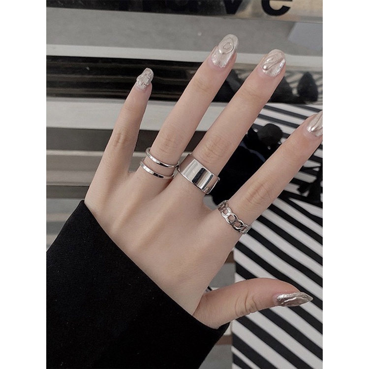 3pcs / Set Cincin Adjustable Warna Silver Gaya Korea Untuk Pria Dan Wanita
