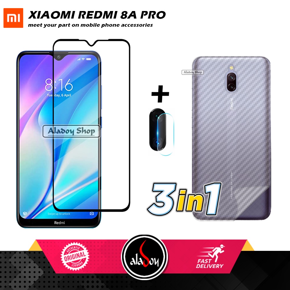 PAKET 3 IN 1 Tempered Glass Layar Xiaomi Redmi 8A Pro Free Tempered Glass Camera dan Skin Carbon