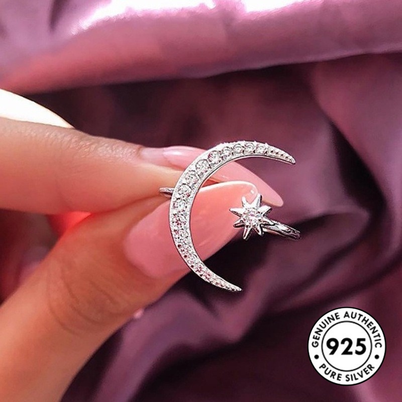 Cincin Desain Bulan Bintang Bahan S925 Silver Gaya Elegan