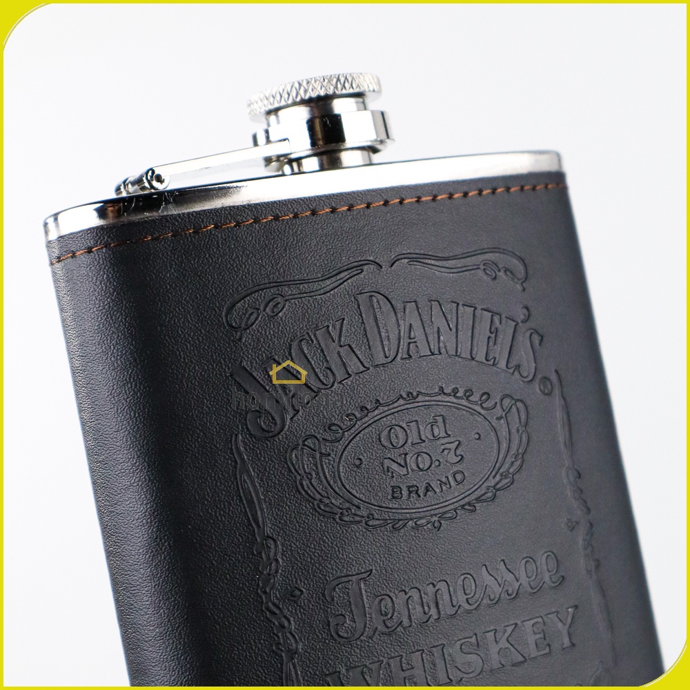 Botol Bir Hip Flask Stainless Steel Leather 7 Oz with Shot Glass - One Two Cups Black