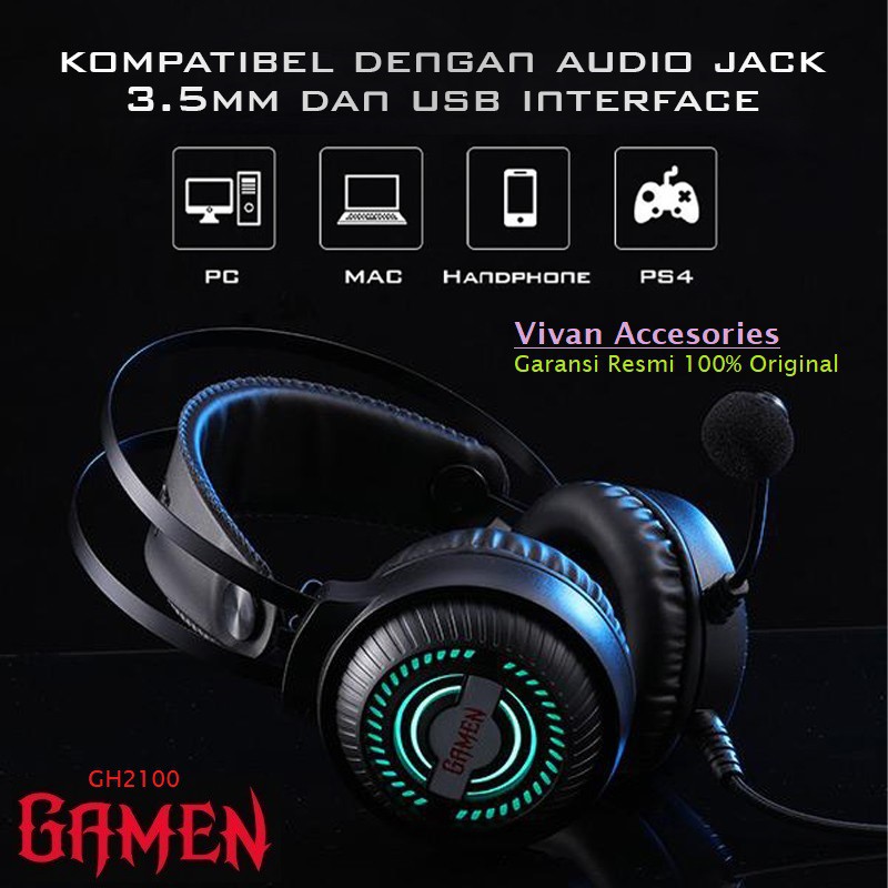 GAMEN HEADSET GAMING GH2100 HEADPHONE RGB LED LIGHT WIRE AUDIO JACK