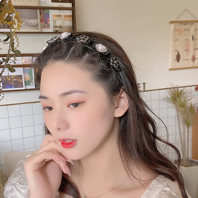 Korean Pearl Headband Bangs Hairstyle Multi-layer Hollow Woven Headband with Tooth Design Alligator Clip Retro Hairband Face Washing Headdress