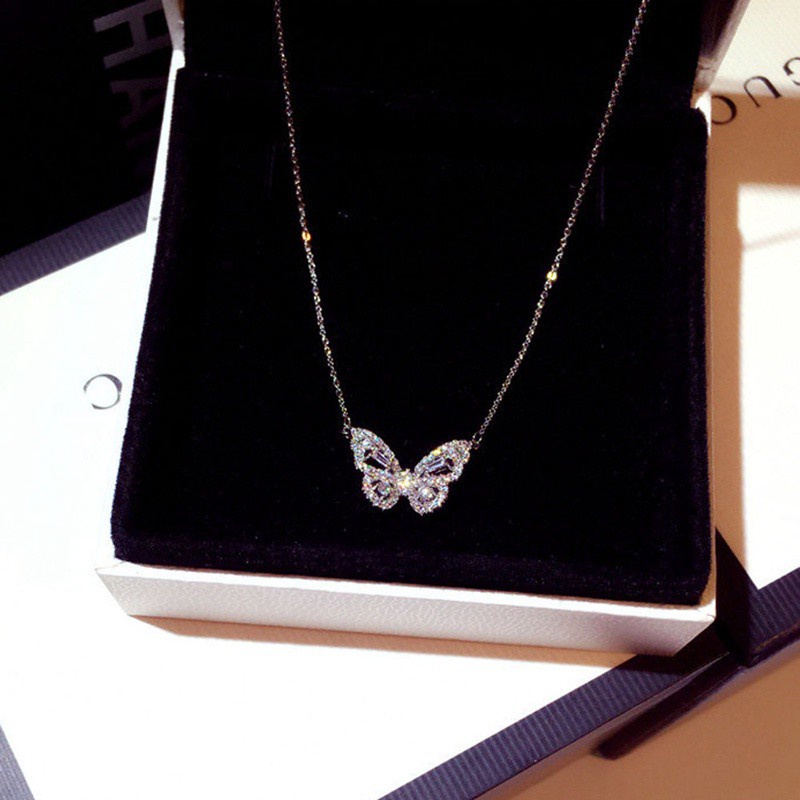 925 Sterling Silver Fashion Silver / Rose Gold Butterfly Female Pendant Necklace Shiny Crystal Wedding Ball Valentine Gift|Pendant Necklaces