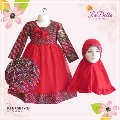 Gamis Anak Set Jilbab by Labella | Gamis Batik Mix Tutu Merah (REG+SB1-TB 12)