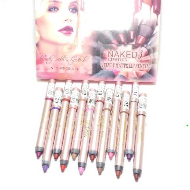 LIPSTIK NAKED3 VELVET MATTE LIP PENCIL ISI 12 PCS