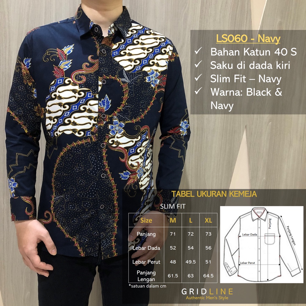 [GRIDLINE - LS060 Navy &amp; Black] Kemeja Batik Pria Katun Lengan Panjang SlimFit Premium Match Best