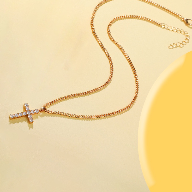 Retro Cross Kalung Emas Cubic Zirconia Hias Wanita Fashion Aksesori Hadiah - ol