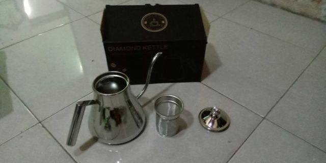 Silver Diamond Coffee Kettle Pour Over Gooseneck Teko Leher Angsa Kopi