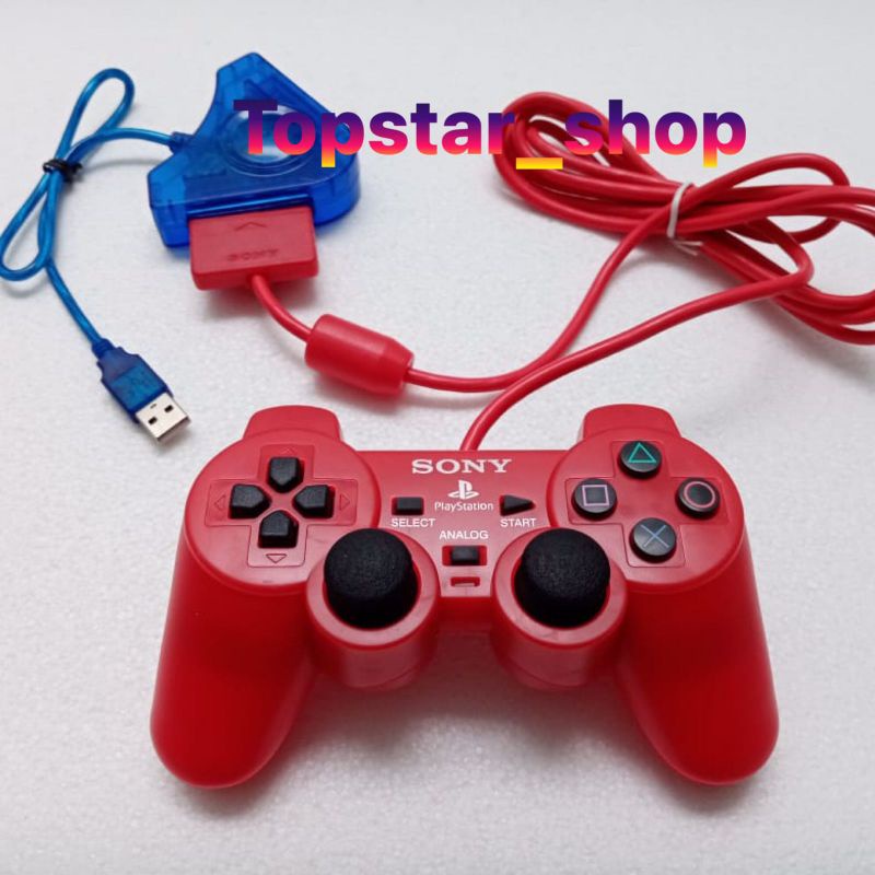 paket stik ps2 stick ps2 original pabrik  warna MERAH dan konverter BIRU