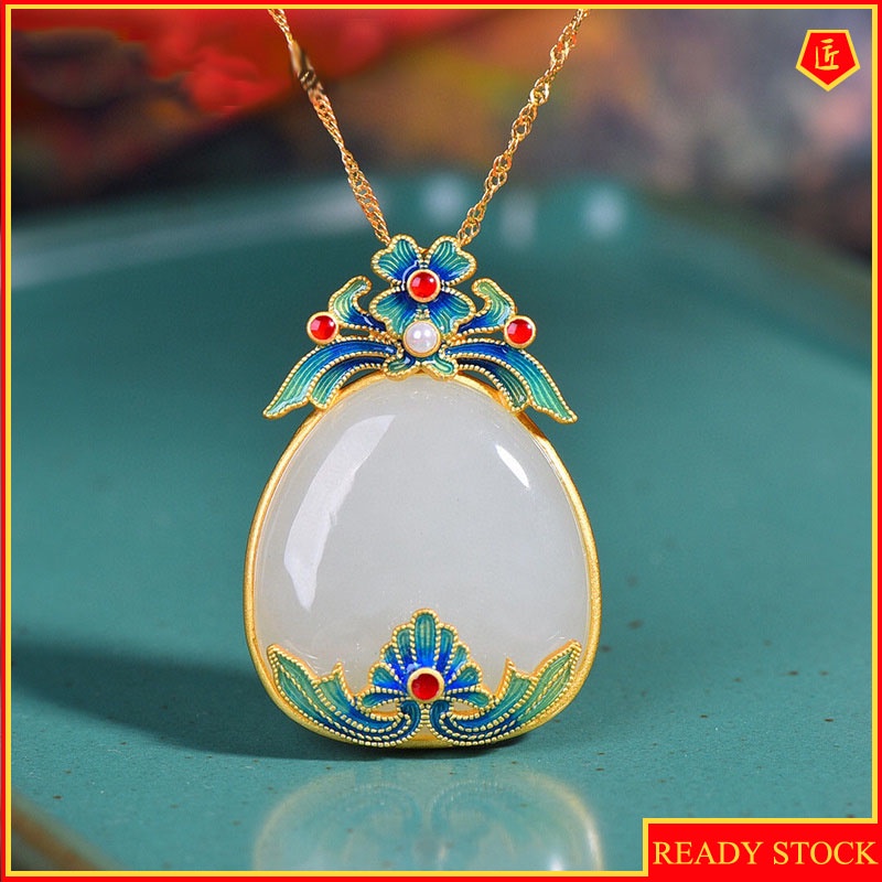 [Ready Stock]White Jade Gold Necklace Women's Retro Artistic Chinese Style