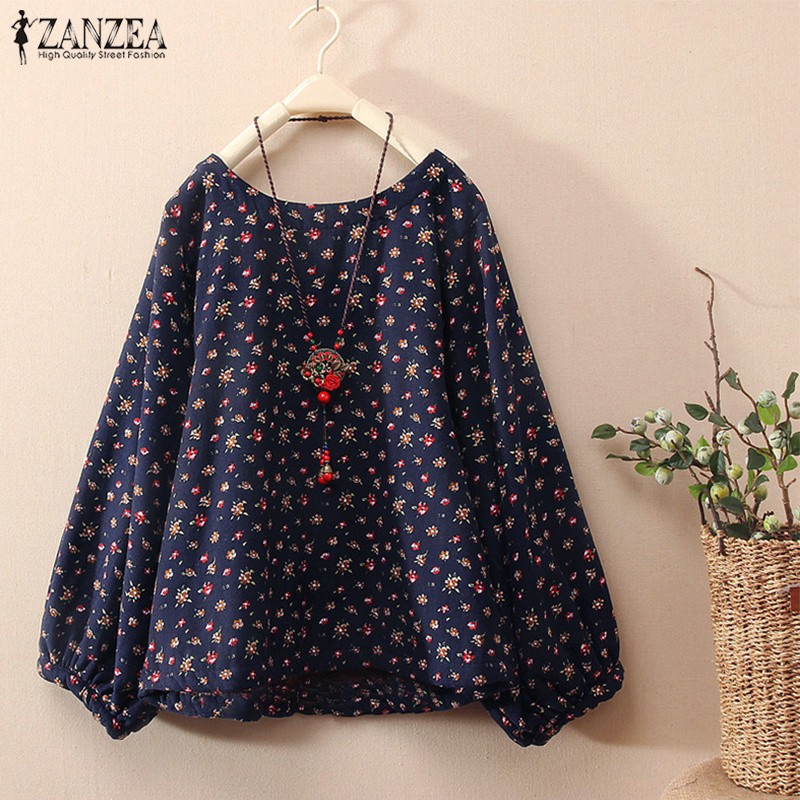 PAKAIAN PEREMPUAN BLOUSE   ZANZEA Blus Wanita Lengan Panjang Model Round Neck Motif Bunga Ada Ukuran