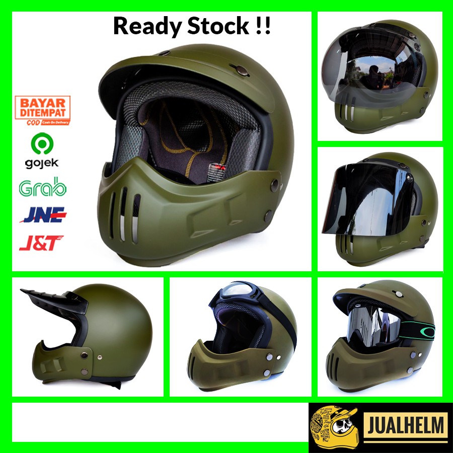 Helm Retro Cakil Modular Hijau Army Doff (Vespa / Klasik / Vintage)
