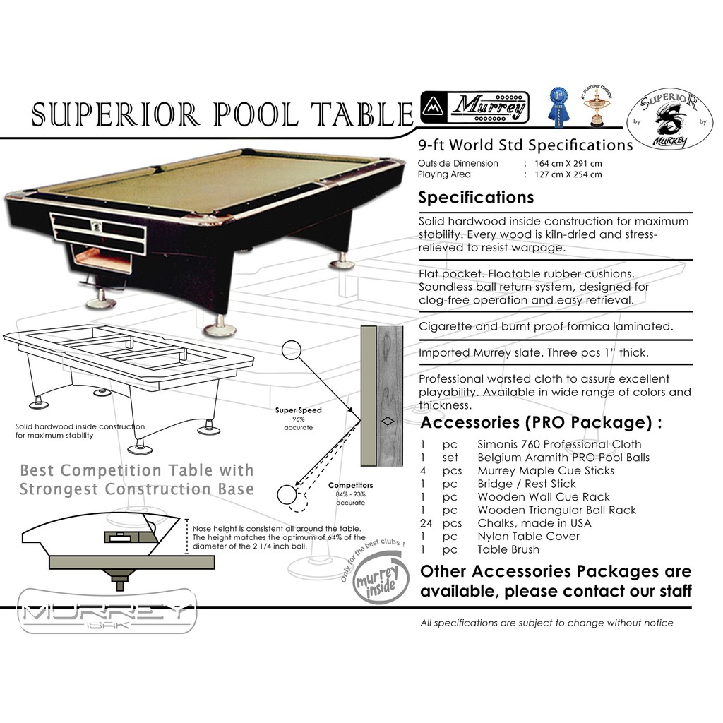 Murrey Superior Std 9 Ft Pool Table Meja Billiard Biliar 9 Feet Asli Shopee Indonesia