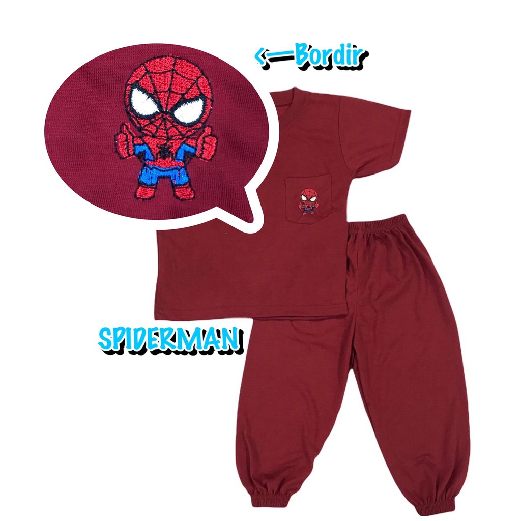 (1 KG MUAT 7 STEL) BAJU SETELAN CP JOGER FASHION OBLONG ANAK LAKI-LAKI/COWOK BAHAN KAOS KATUN KANTONG BORDIR SPIDERMAN