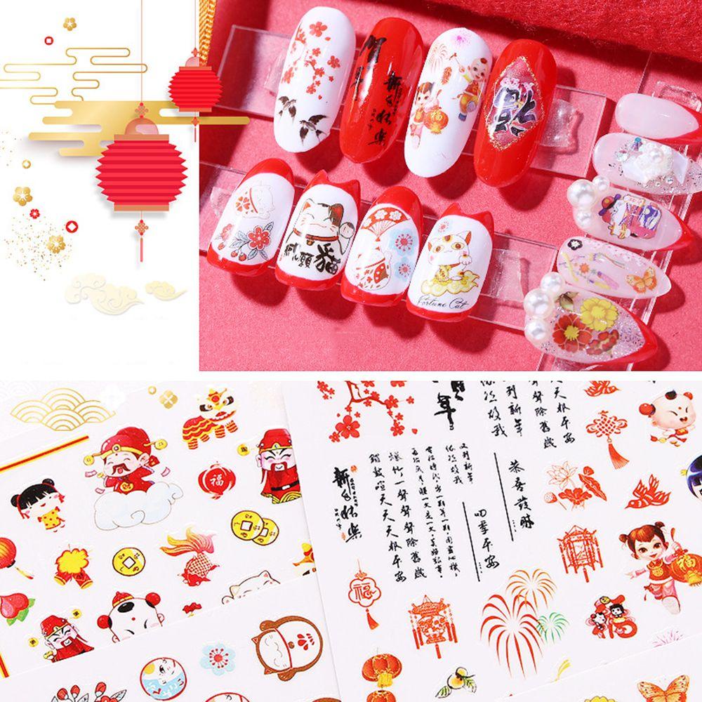 AUGUSTINA Agustina Tahun Baru Stiker Kuku Musim Semi Festival Selamat Kuku Decals Lentera 3D Aplikasi Lucky Cat DIY Nail Art Dekorasi