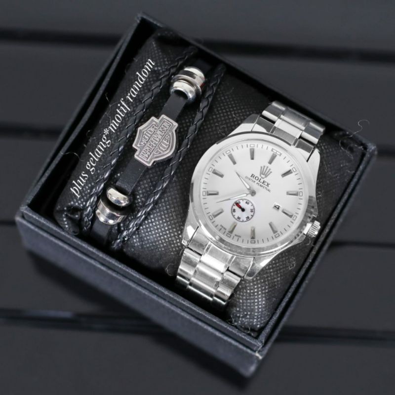 jam tangan pria Rolex date rantai detik on free gelang