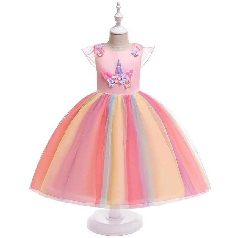 Gaun Pelangi Anak Kuda poni Dress pelangi  Dress tutu pelangi anak motif unicorn costum