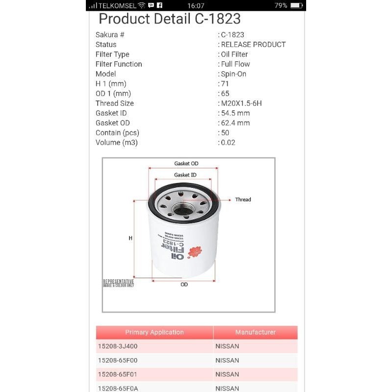 Filter Oli Grand livina Elegrand Almera SAKURA C-1823