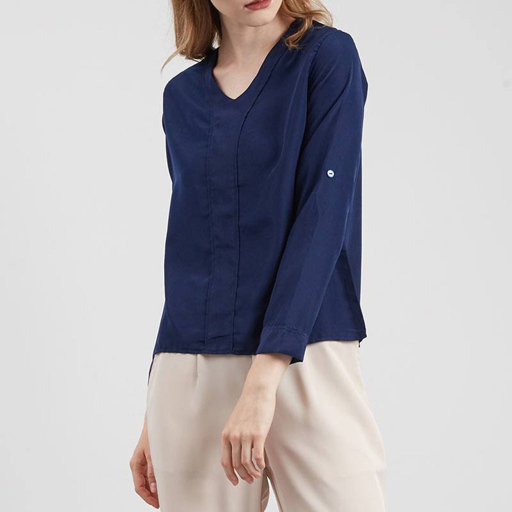 blouse v neck navy blue clara import