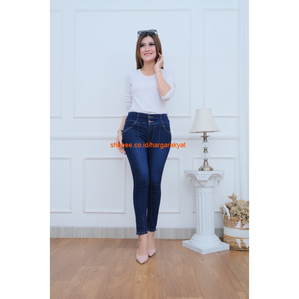 Celana Highwaist HW Kancing Panjang Kancing 2 Bahan Jeans Strecth Melar Warna Spray