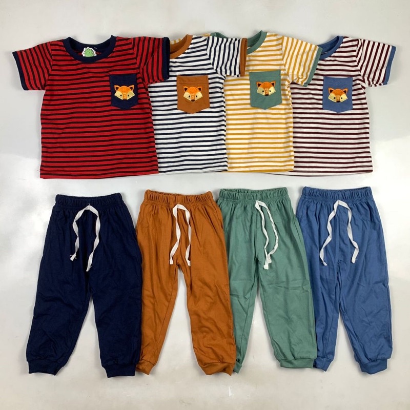 Setelan Anak Pajamas Stripes Pocket Bordir Unisex 2-10 Tahun Original Pneapple Kids Kaos Super Premium Pakaian Anak Terlaris Termurah Best Seller