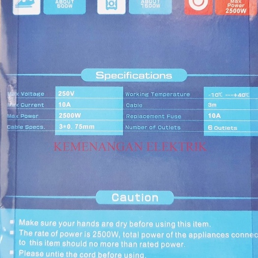 POWERSTAR STOP KONTAK 6 LUBANG + SAKLAR / COLOKAN LISTRIK KABEL 3 METER 3M POWER STAR / STOPKONTAK MASING MASING SWITCH 6 LOBANG 3METER 3 M