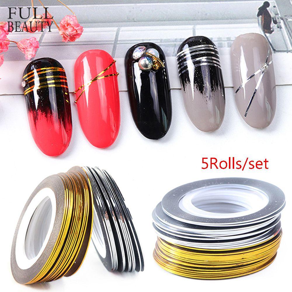 Lily 5roll /set Nail Art Striping Line Dekorasi Glitter Gold Silver Tape Stiker