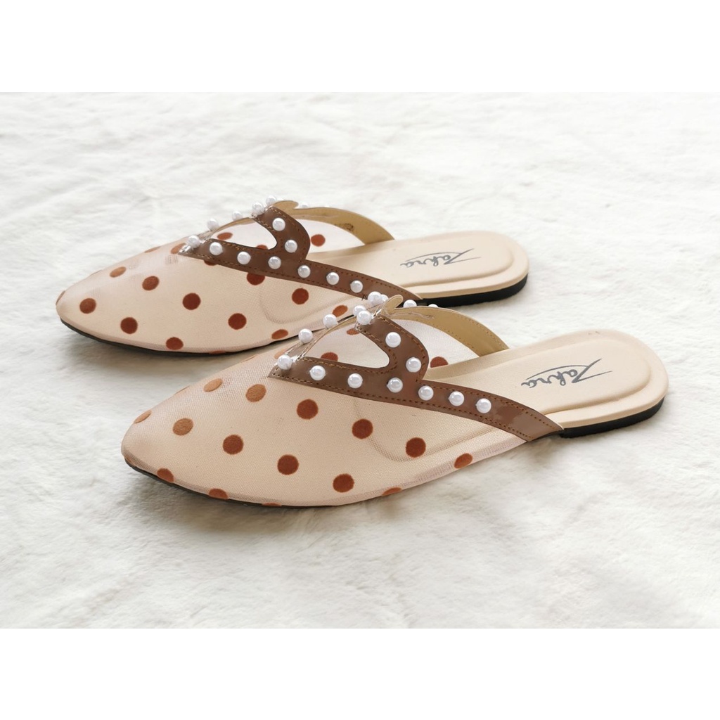 Arlaine - Talia selop wanita / sandal slop wanita / sandal brukat / flatshoes polkadot / sandal mutiara