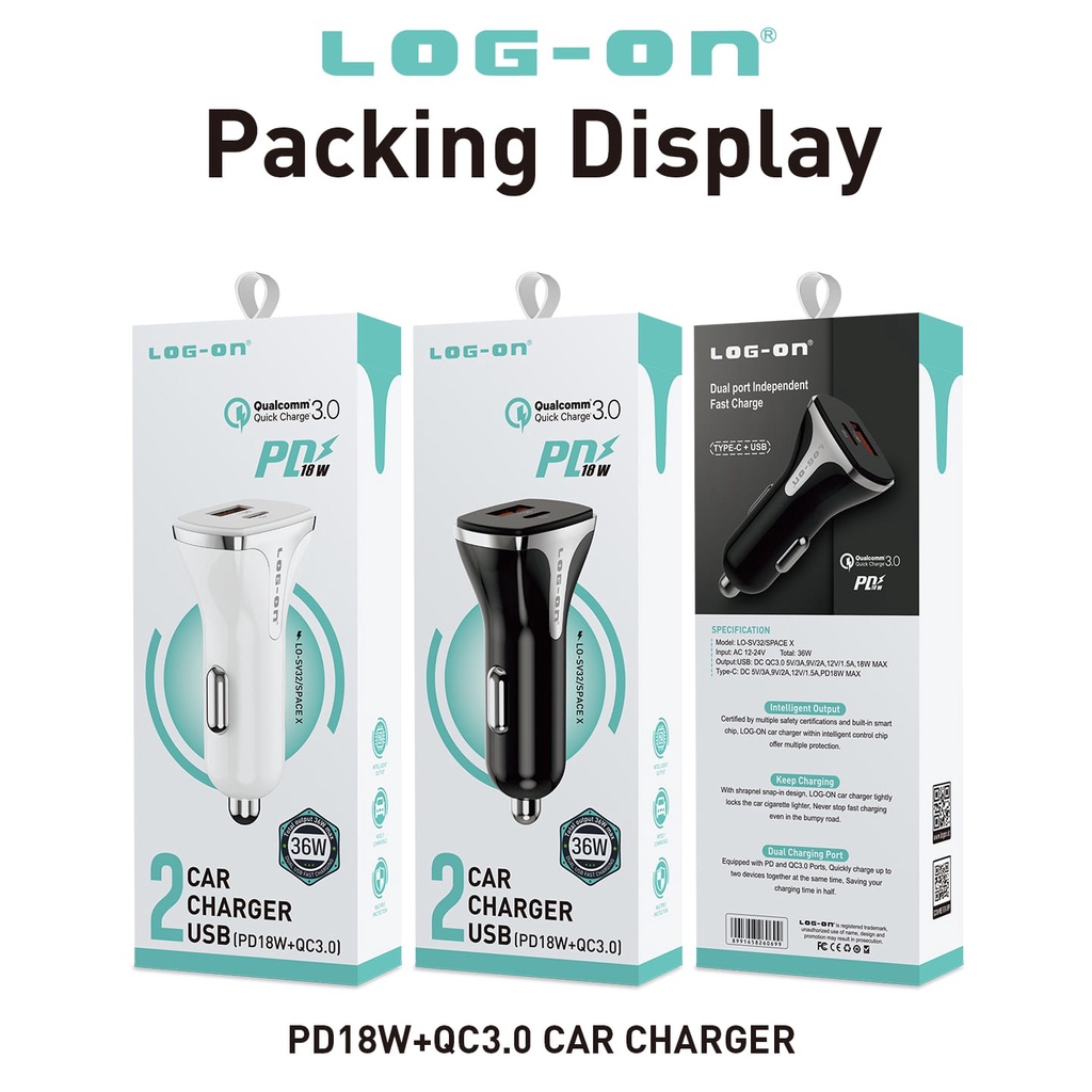 MINIGO PROMO CASAN  MOBIL LOGON LO-SV32/SPACE X SAVER 36W 1USB + 1 USB C PD FAST CHARGING  CHARGER MOBIL &amp; MOTOR (KEPALA CHARGER AJA) FAST CHARGING