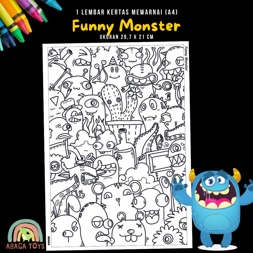 (Min Order 10Pcs) Kertas Gambar Mewarnai A4 - Latih Imajinasi, Kreativitas, Eksplorasi Warna (Coloring Page)-Funny Monster