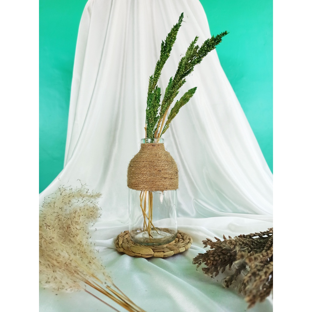 vas bunga rustic / vas bunga kaca tali rami / botol hias bunga kering aesthetic