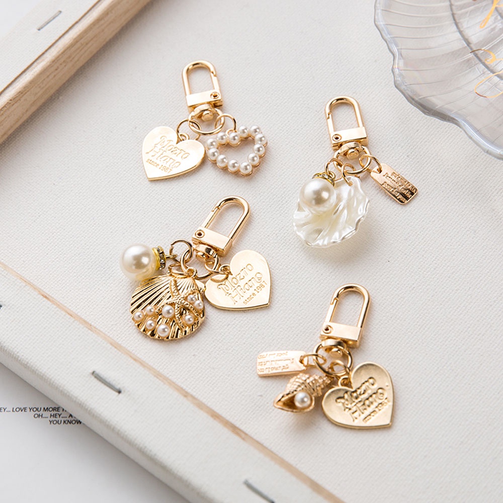 Needway  Love Letter Heart Key Ring Korean Key Accessories Key Chain Pearl Cute Gold Color Fashion Women Girls Shell Conch Bag Charms