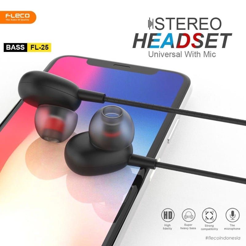 Headset FLECO FL-25 STEREO BASS Handsfree BASS Earphone  Universal With Mic NEW 100% ORIGINAL