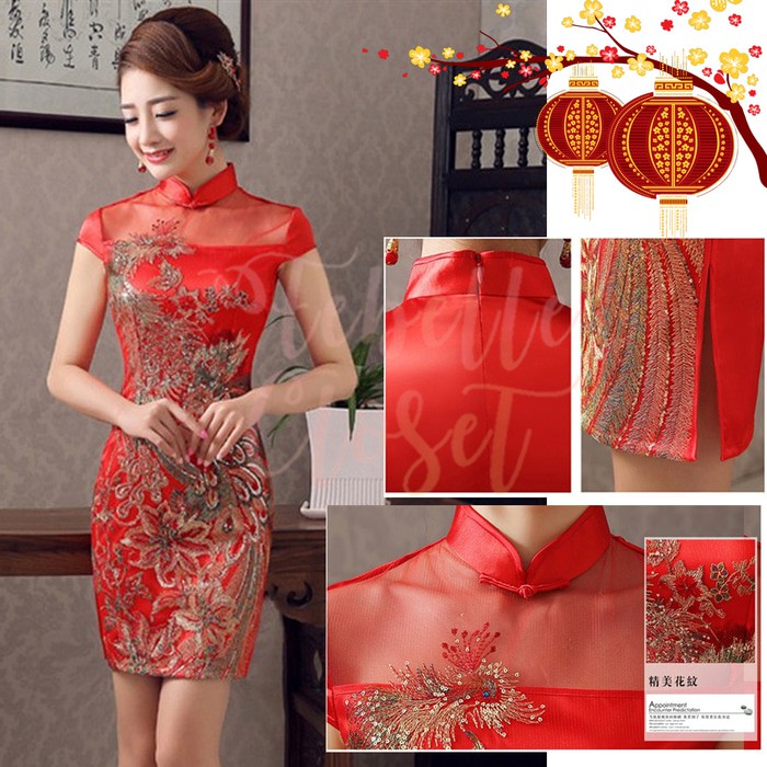Cheongsam Dress Mini Red Merah Murah Baju Imlek CNY