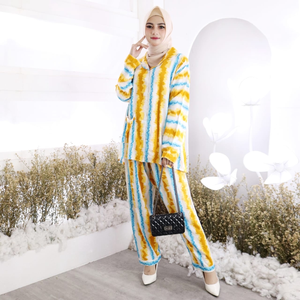 Piyama Tie Dye Piyama PP Fizah Bahan Rayon Baju Lengan Panjang &amp; Celana Panjang