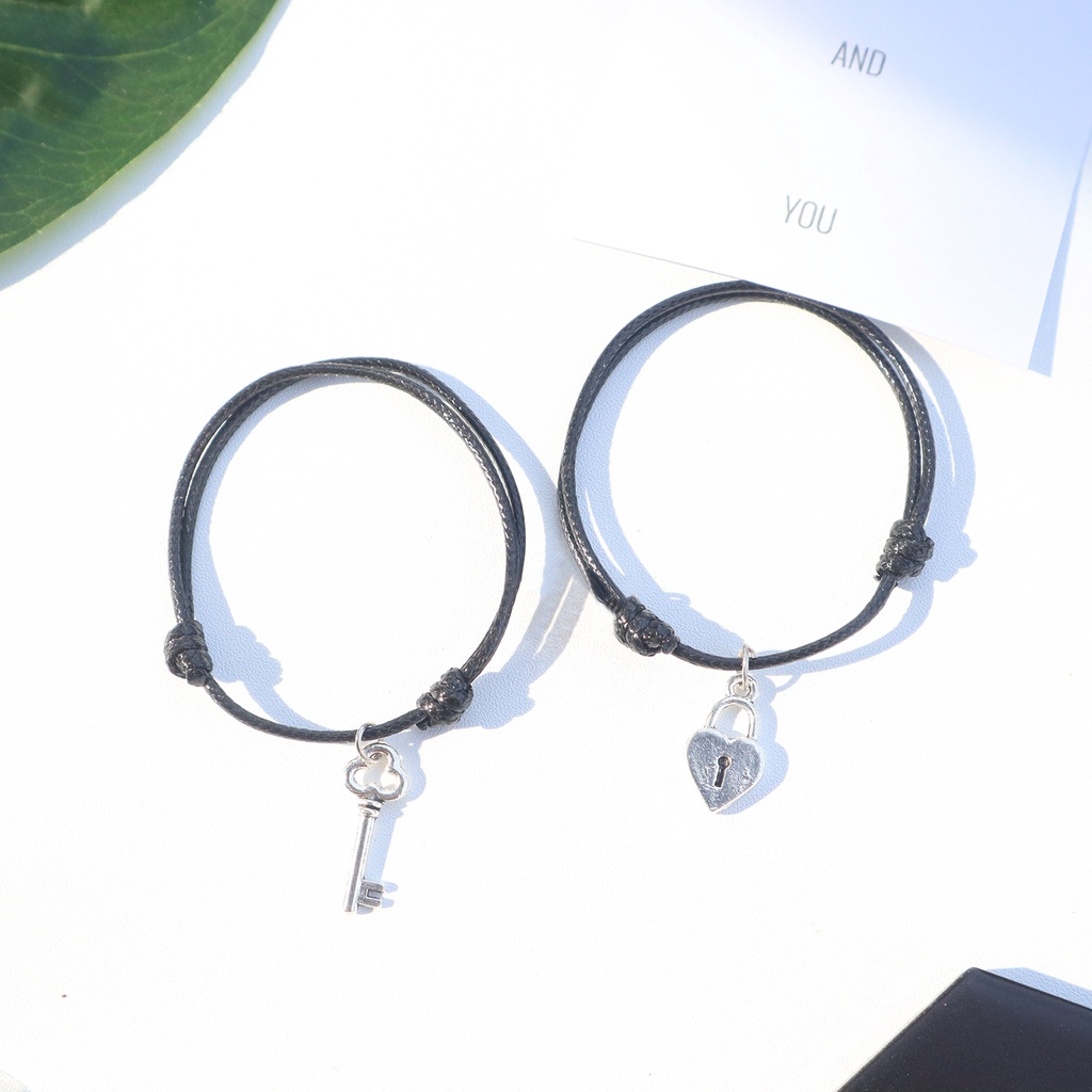 Gelang Couple Magnet Gembok Kunci Silver Tali Anti Air Korea Waterproof Liontin Love Pasangan Persahabatan Kulit SIntetis