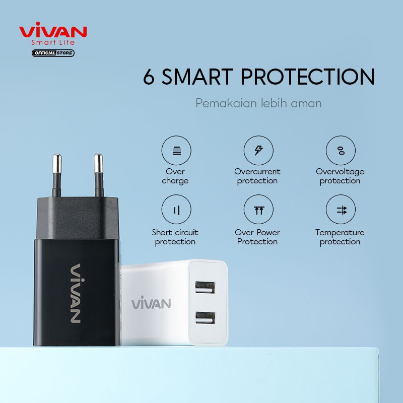 Charger 2.4A  Dual USB VIVAN DD02 12W with Charging Cable