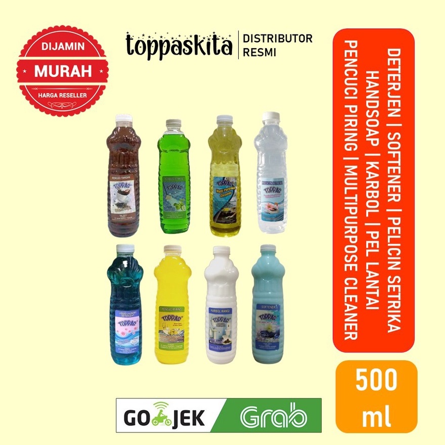 Toppas Sabun Cuci Piring / Cuci Tangan / Pembersih Lantai / Karbol / Softener / Multipurpose Cleaner / Pelicin Setrika  / Deterjen Cair 500ml (Gojek/Grab)