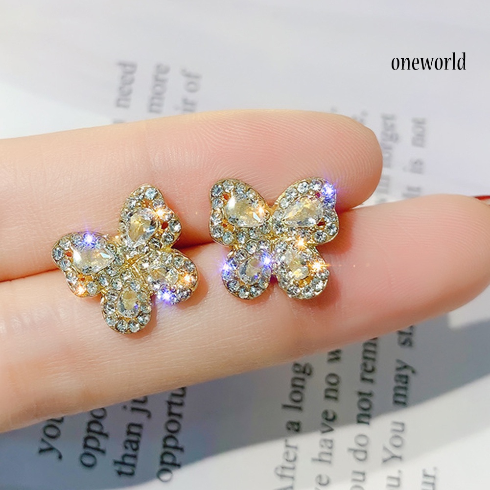 OW@ Elegant Women Full Rhinestone Inlaid Butterfly Shape Stud Earrings Jewelry Gift