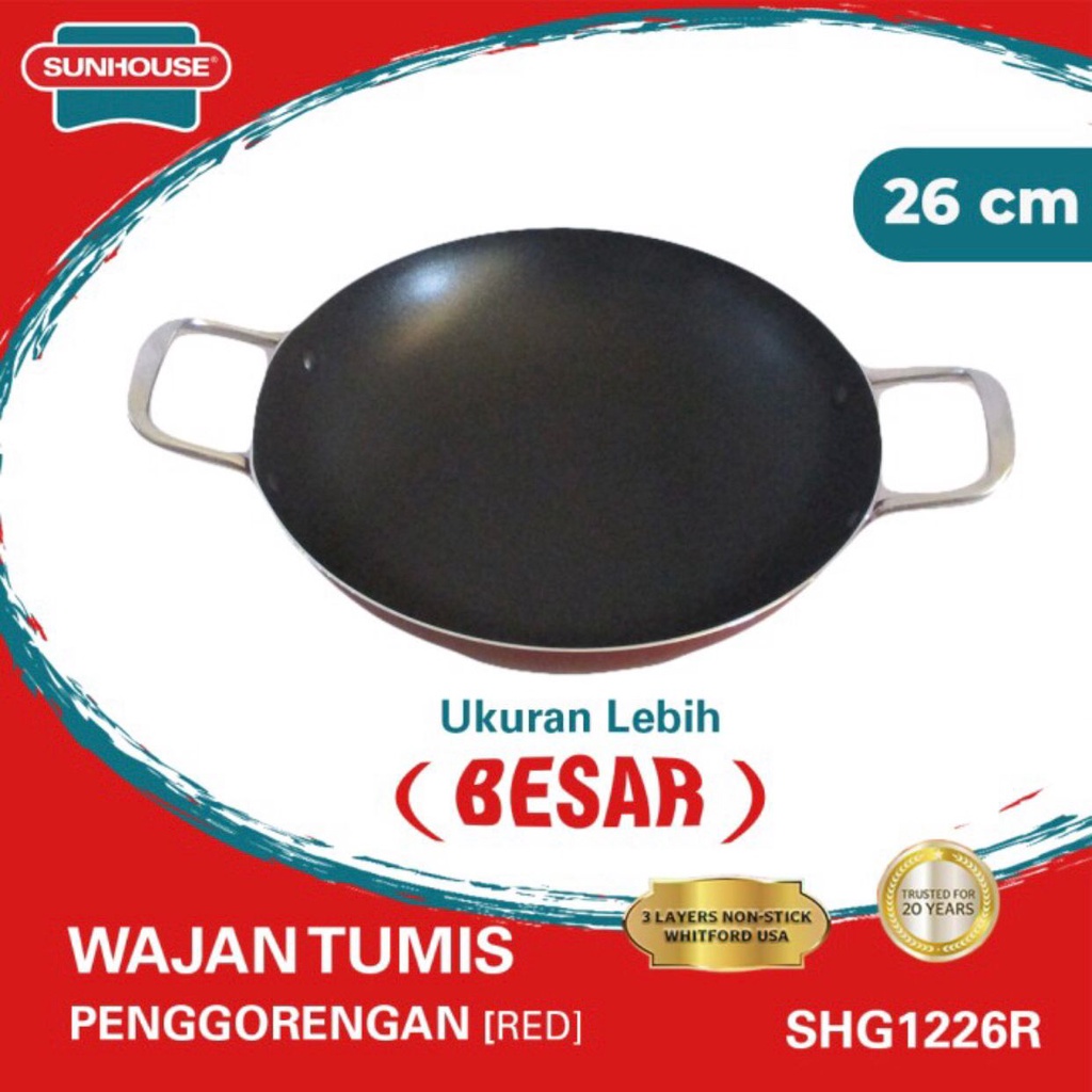 Wajan Tumis Sunhouse SHG 1226R Anti Lengket Hitam Merah 26Cm