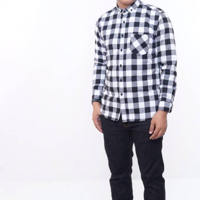 YB KEMEJA FLANEL PRIA MOTIF KOTAK LENGAN PANJANG SLIM FIT LONG SLEEVE FLANNEL BLACK LIST WHITE 2496