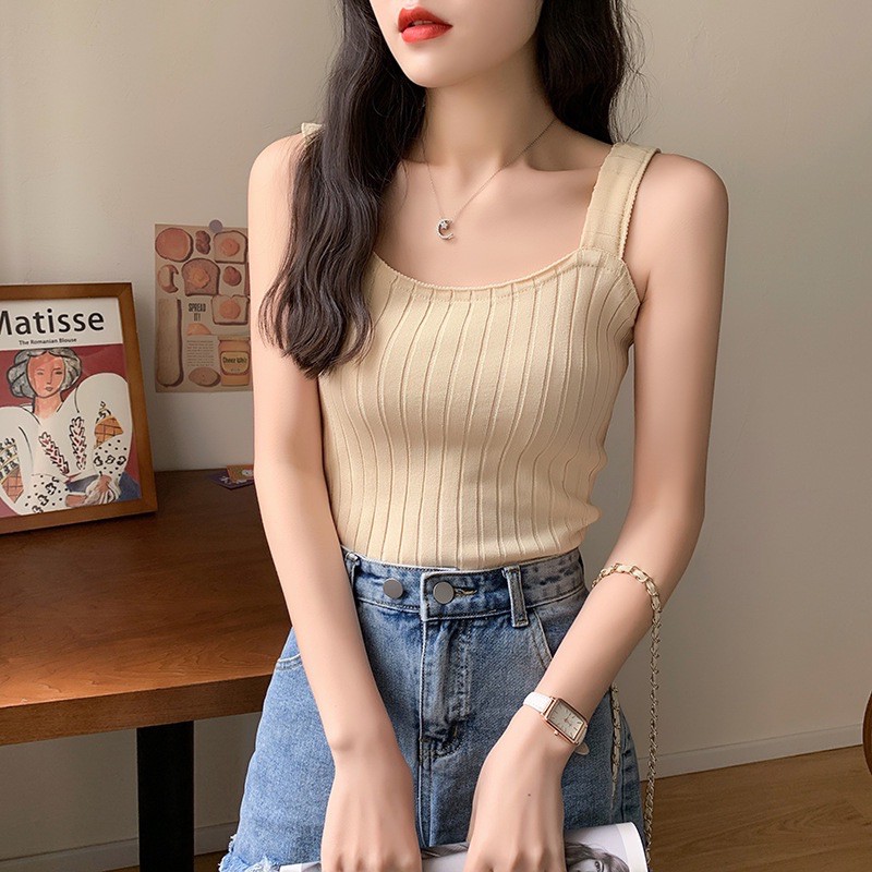 T973 • Korean knit Tanktop Import • Atasan Rajut Tali lebar • Fashion Wanita-Krem